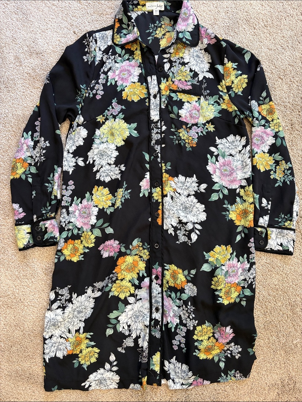 Maison Jules Black Floral Button-Up Blouse with Yellow and Green Blooms